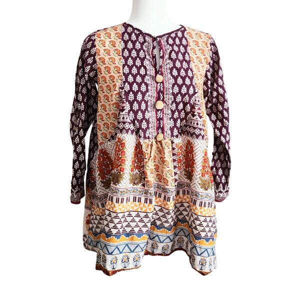 Khaadi Cotton Pom Pom Long Sleeve Flare Tunic Boho Artisan Print | Women Size 8 - Picture 4 of 12